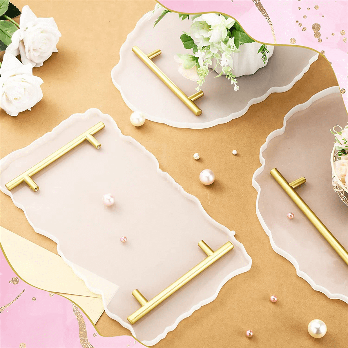 Resin Tray Silicone Tray Mold Irregular Casting Epoxy with Gold Handles for