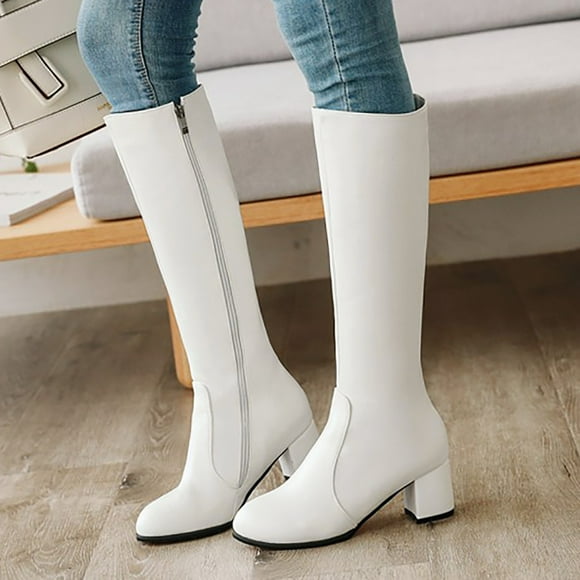 Bmisegm Women's Autumn and Winter New Round Thick Heel Leather Side Zipper Middle Shoes Boots for Women White 8
