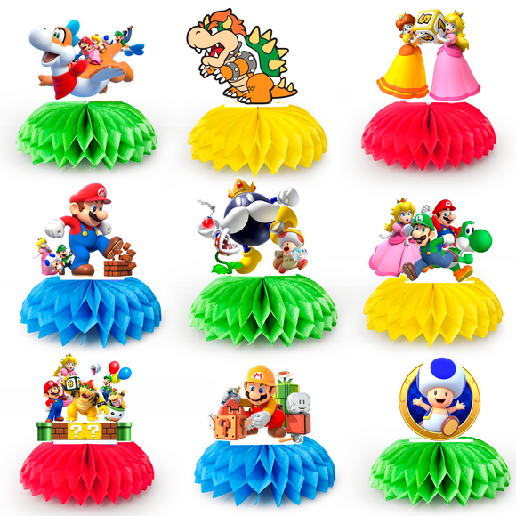 Mario Centres de Table en Nid d'Abeilles pour Anniversaire, 9 Pcs Centres de Table Mario pour Tables 3D Double Face Centre de Table Style Nid d'Abeilles Mario pour Garçons et Filles Décorations de Fête à Thème Mario