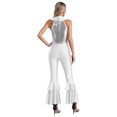 thumbnail image 2 of Womens Dance Leotard Shiny Rhinestone O-Ring Front Tiered Bell-Bottom Bodysuit for Disco Party Silver M, 2 of 7
