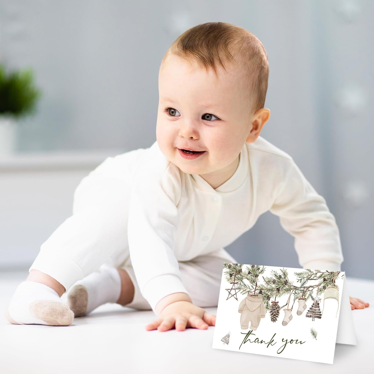 50 Pack Christmas Baby Shower Thank You Cards Bulk Boxed Winter Blank Note Cards with Envelope Stickers Winter Pine Cone Branch Baby Cloth Greeting Card for Birthday Boys