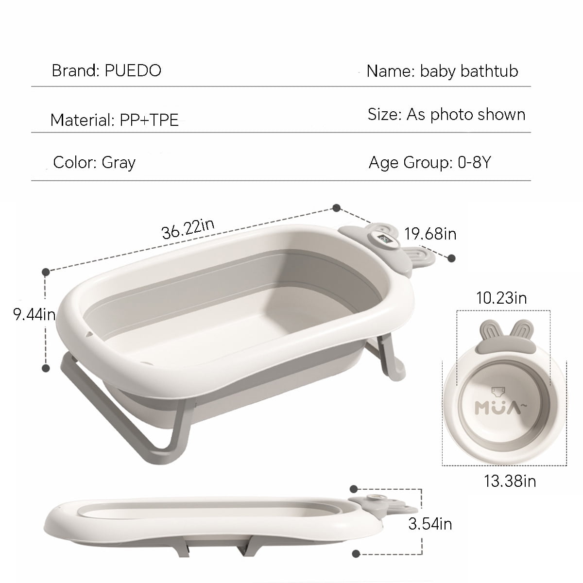 PUEDO Enlarged Collapsible Baby Bathtub for Infants to Toddler, with Thermometer, 3 Wash Basin and Bathing Net Cushion