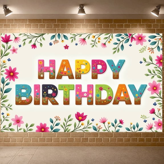 Colorful Letters Banner Floral Decor Floral Birthday Display Botanical Design Vibrant Colors Birthday Party Backdrop for Birthday Party Kids Celebration Indoor Decoration