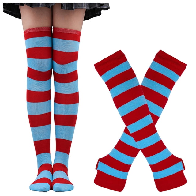 Chaussettes d'Halloween pour Femmes, Bas Hauts, Chaussettes Rayées Cosplay, Gants