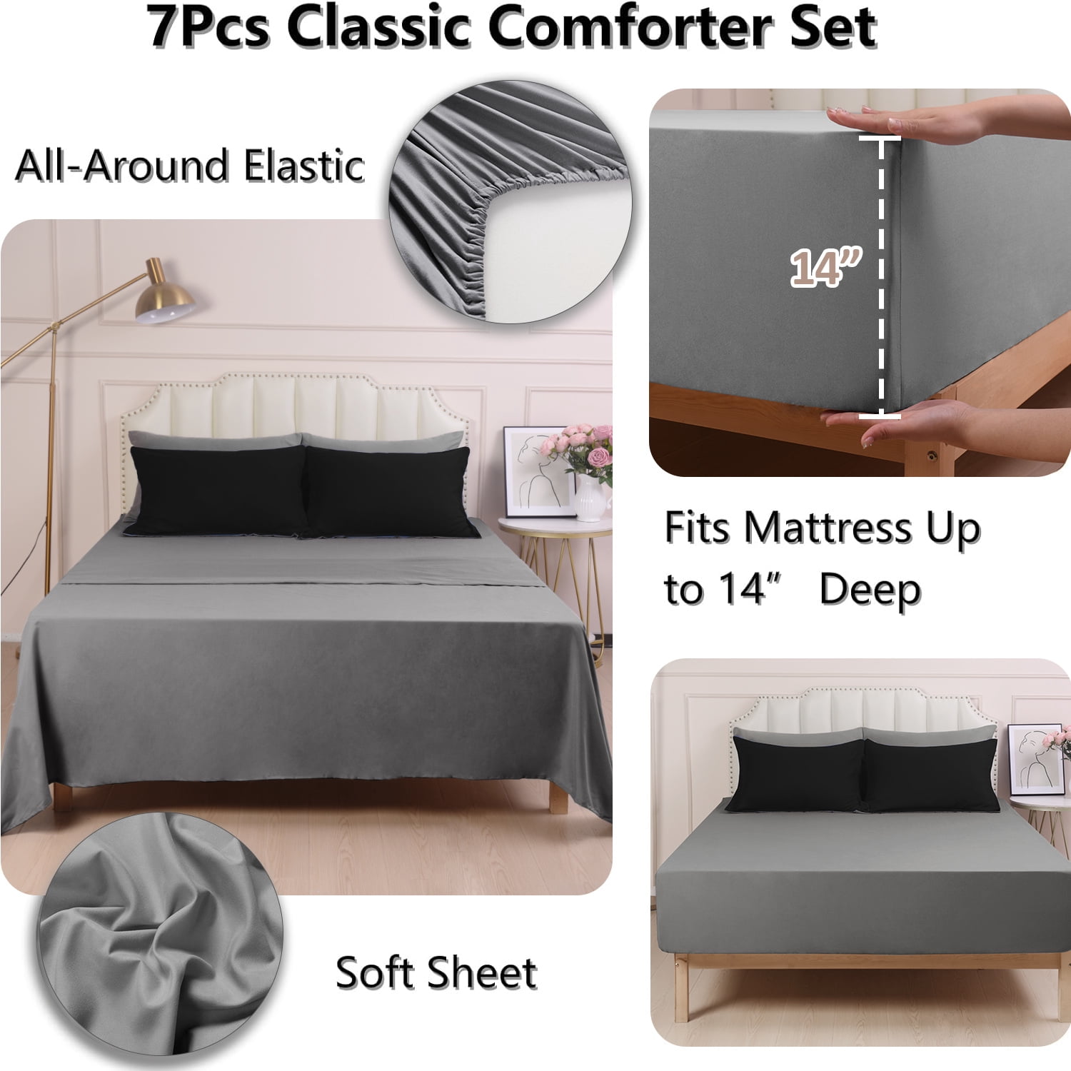HIG 7 Piece Reversible Queen Comforter Set - Black Quilted Down Alternative Bedding All Season Super Soft Microfiber Bed in a Bag Includes Sheets Pillowcases Shams