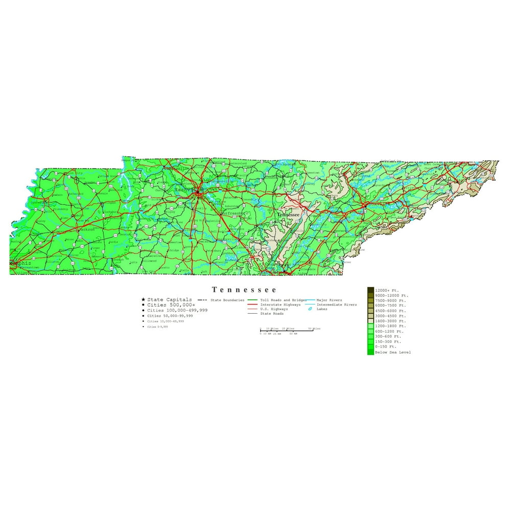 Large detailed elevation map of Tennessee state with roads, highways