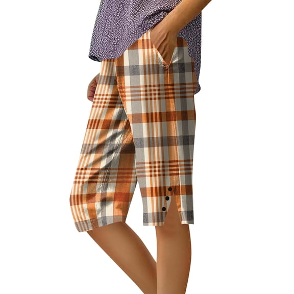 Sewkxo Womens Bermuda Shorts Knee Length Dressy Causal Elastic Waist Buttons Linen Shorts Summer Beach Shorts with Pockets,Orange 2XL
