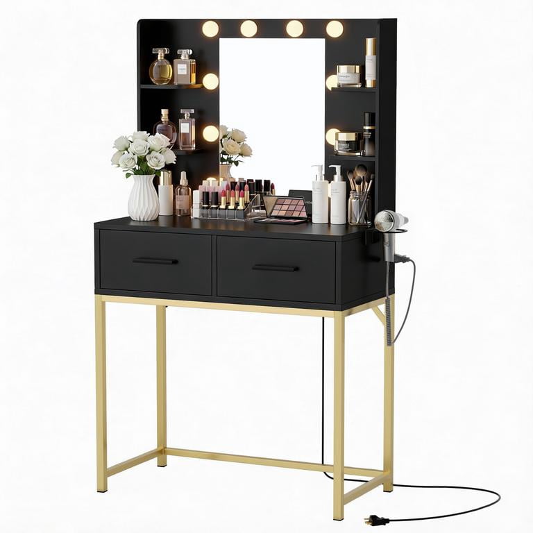 Lacoo Makeup Vanity with LED Lights & Charging Station, Vanity Set with 4 Shelves & 2 Storage Drawers, Vanity Table for Bedroom, Black