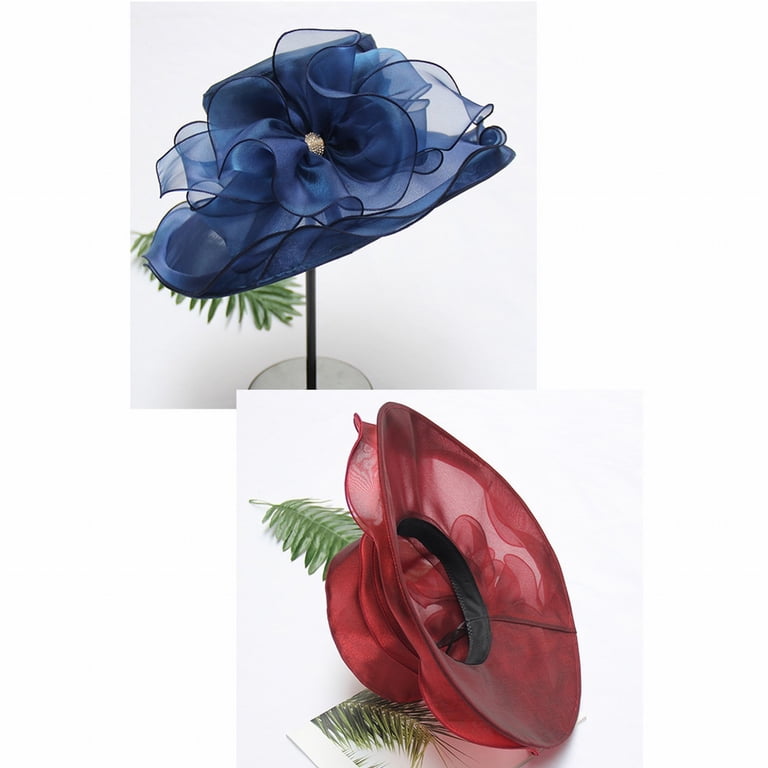 Wide Brim Derby Hat with Floral Accents for Church Weddings Party Events Wide Brim Organza Church Derby Hat with Removable Flower  main image 3