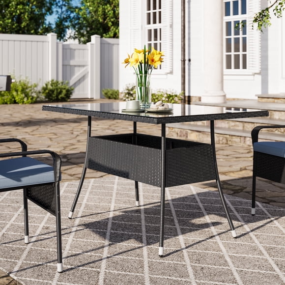 CorLiving Parksville Resin Wicker and Steel Rectangular Outdoor Dining Table with Glass Top, Black
