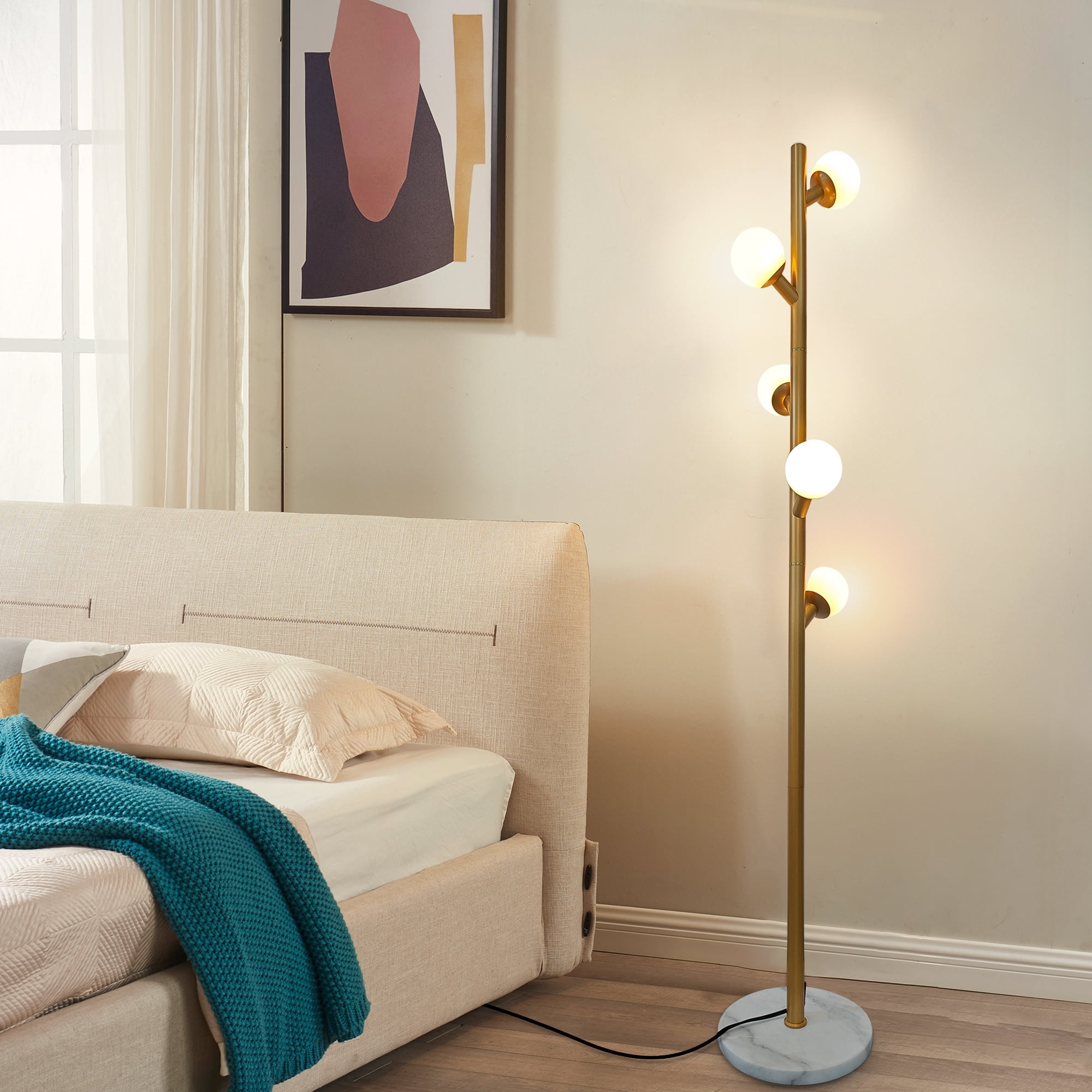 GCGAFUL 5 Glass Globe Floor Lamp for Living Room, Modern Gold Tree-Style Standing Lamp with  Weighted Base, 3000K Warm Soft Light for Bedroom Office