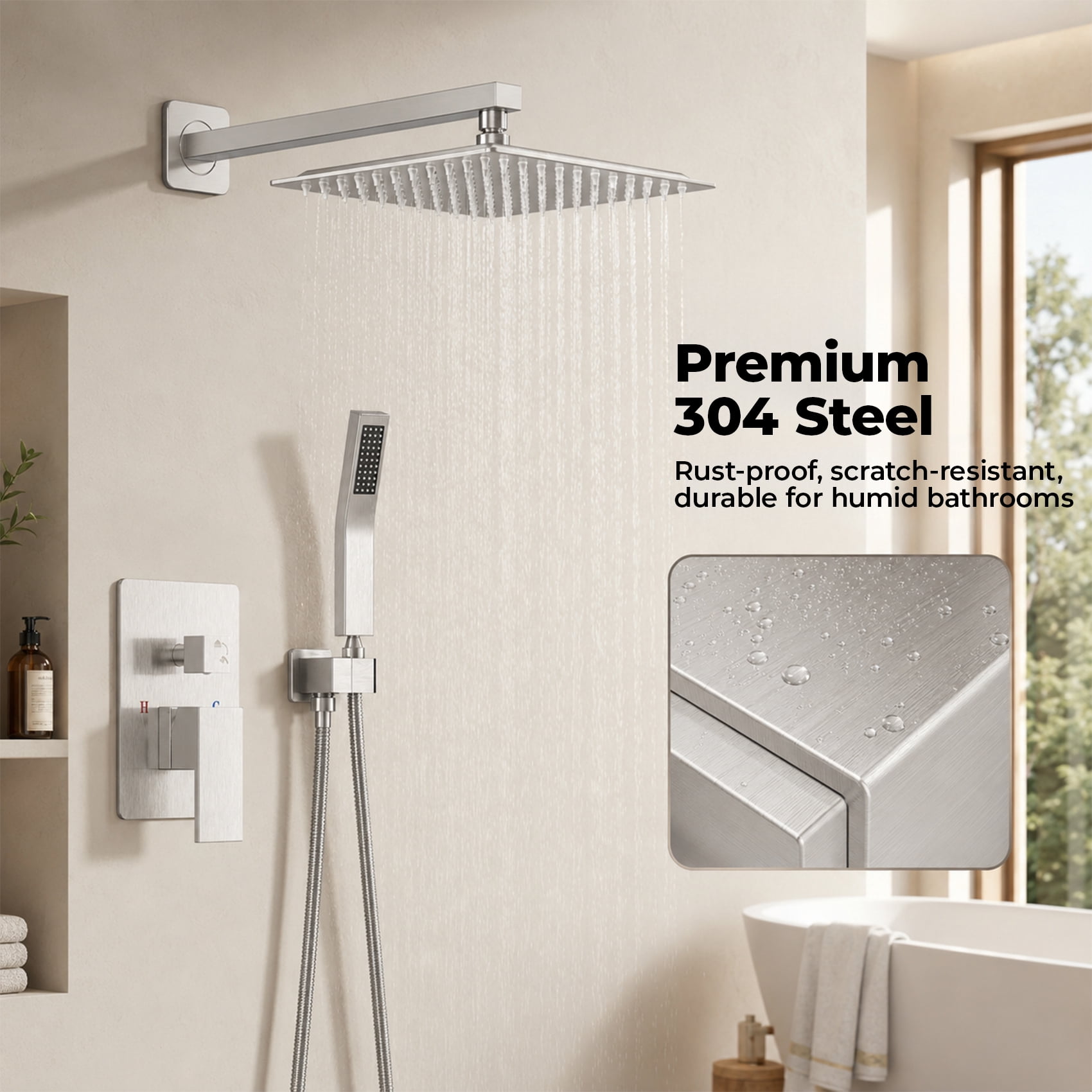 Alvantor Wall-Mounted Shower Faucet Set, 10/12 Inch Square Overhead Spray and Handheld Shower Head with Pressure Balance and Temperature Control Valve