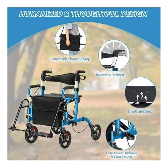 Rollator Walker with Seat & 8-inch Wheels - Folding Rolling Walker for Seniors, Adjustable Height, with Storage Bag & Handbrakes - Lightweight Mobility Aid for Walking & Transport Chair Use