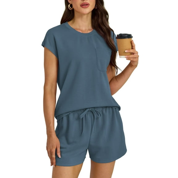 FOLUNSI Womens Two Piece Sets Casual Cap Sleeve with shorts Lounge Set Vacation Outfits Pajama Sets with Pocket S-XXL