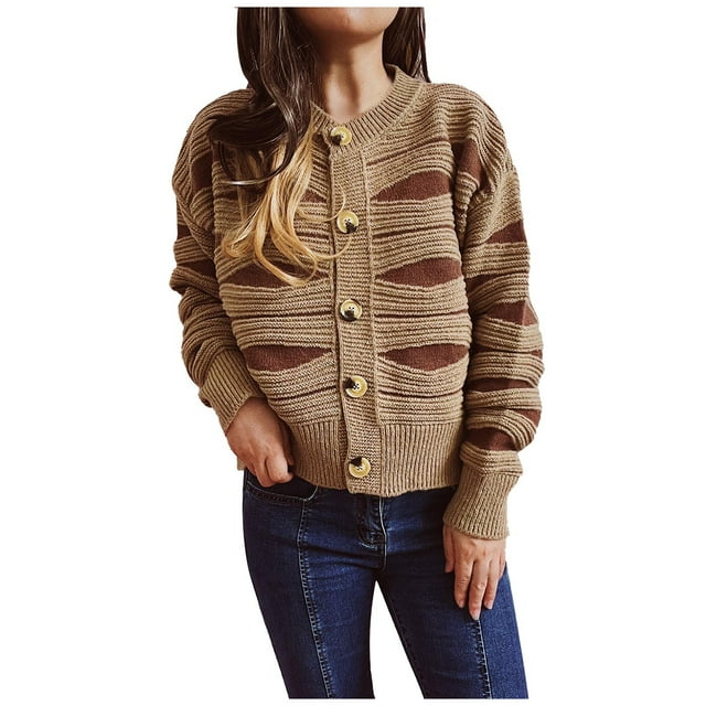 IROINID Veste Anorak Mi-Longue pour Femmes, Rayures, Manches Longues, Chaude, Décontractée, Irrégulière, Contrastée, Simple Boutonnage, Cardigan Court, Kaki