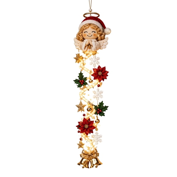 Glowing Christmas Door Hanger, Lighted Angel Christmas Door Decor, Warm White LED Hanging Ornament, Cascading Vertical Holiday Decoration, Handmade Fabric Accent, Porch Wall Decor