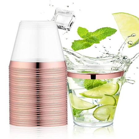 

50pcs Plastic Cups 9 Oz Clear Plastic Cups Old Fashioned Tumblers Gold Rimmed Cups Fancy Disposable Wedding Cups Elegant Party Cups with Gold Rim