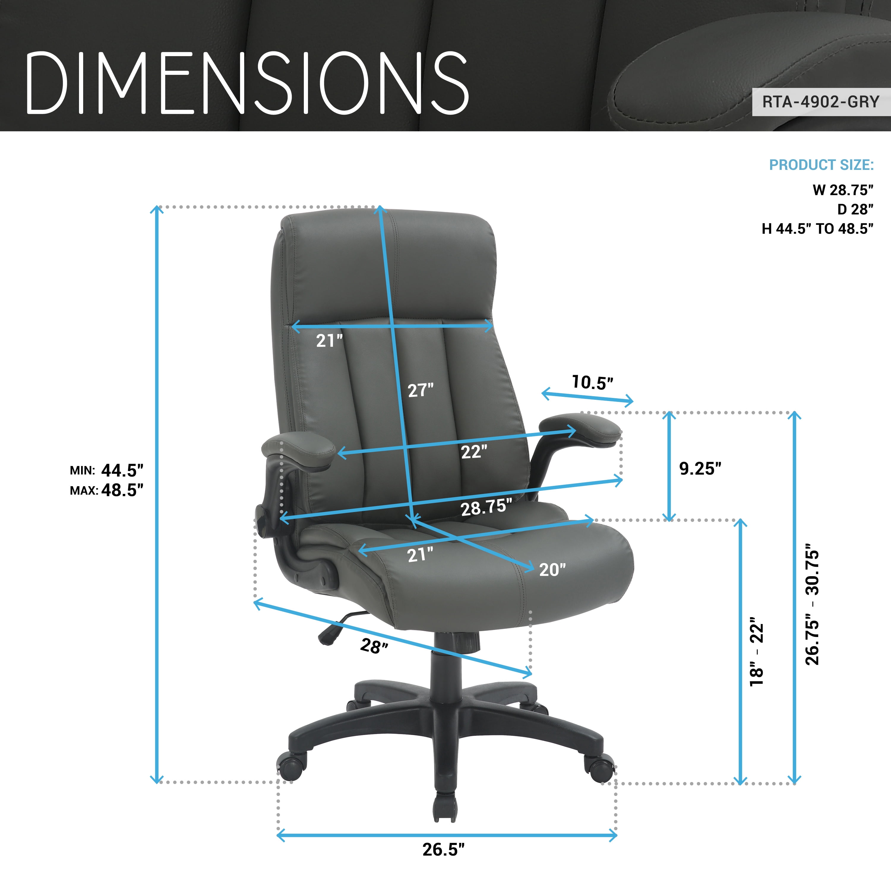 Ergonomic Faux Leather Office Chair, High Back Padded Executive Desk Chair with Flip-Up Armrests, Adjustable Height, Tilt Control, and Smooth-Rolling Wheels for Home and Office Desk, Grey