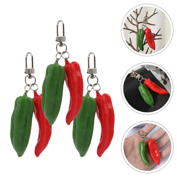 UNOMOR 3pcs Chili Pepper Key Chain Pepper Keychains Vivid and Bright Green PVC for Cell Phones Friends
