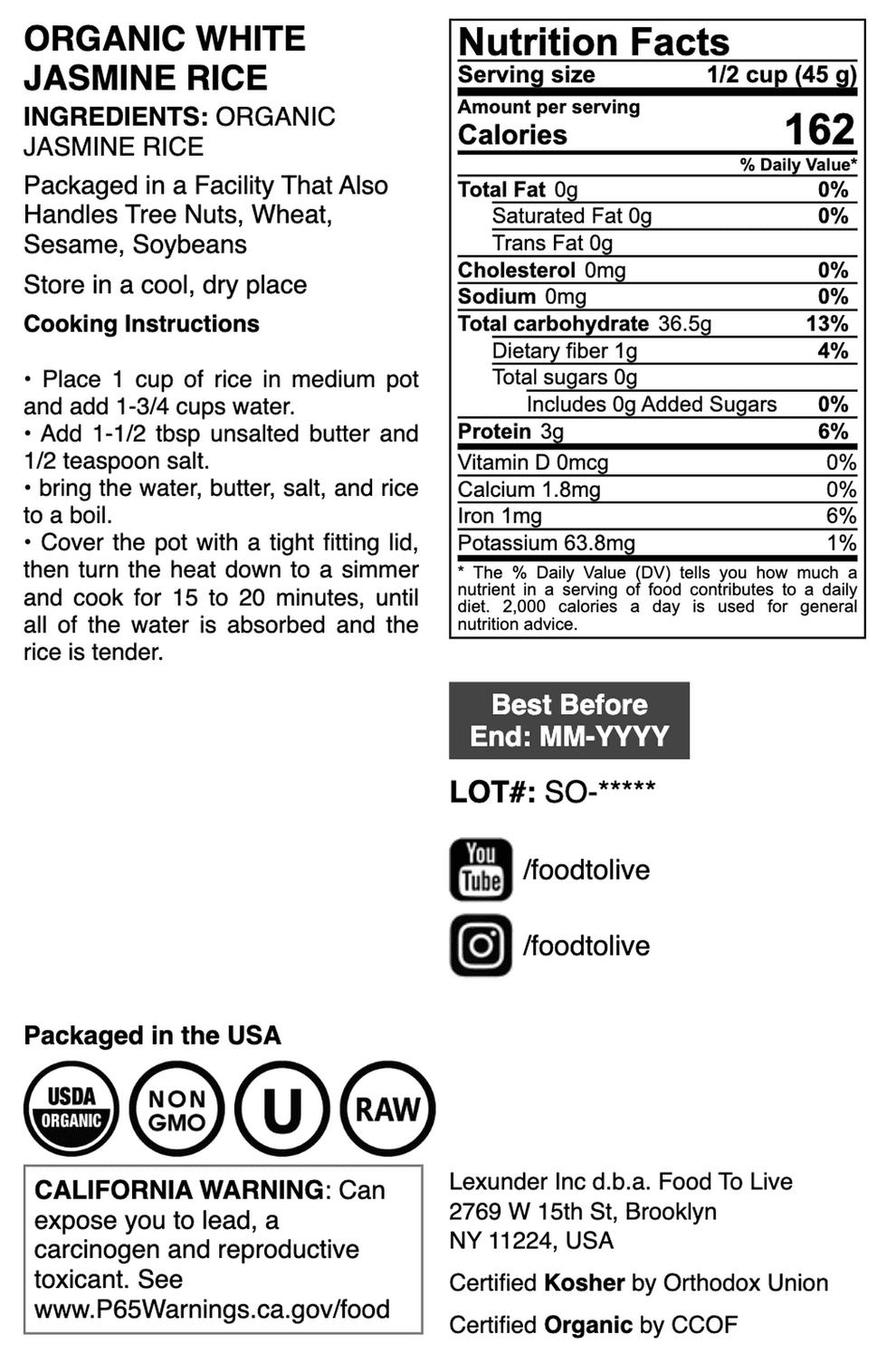 Organic White Jasmine Rice, 10 Pounds — Non-GMO, Kosher, Raw, Vegan — by Food to Live