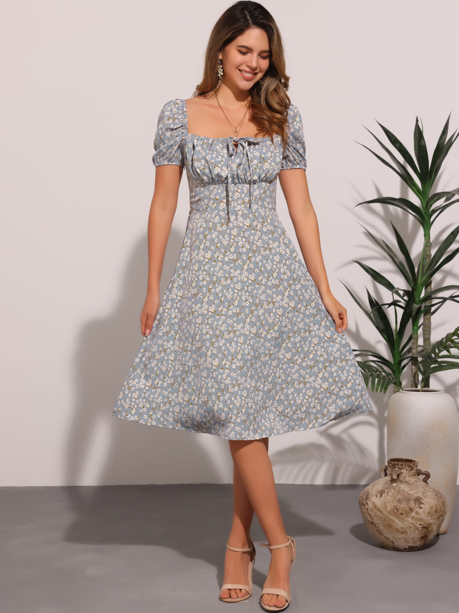 DARING DIVA Floral Puff Sleeve Smocked Square Neck Midi Dress L Gray Blue