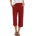 thumbnail image 2 of Casual Womens Capri Pants Loose Straight Wide Leg 3/4 Length Summer Lounge Elastic Waist Trousers, M #02 Wine, 2 of 7