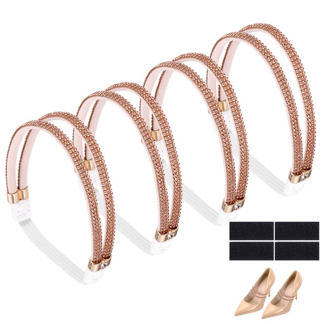 Uxcell 4 Pairs High Heels Shoe Straps, Rhinestone Elastic Shoe Straps Heels Detachable Ankle Straps Replacement Shoelace Crystal for Women Loose Slippers Sandals, Beige+Champagne