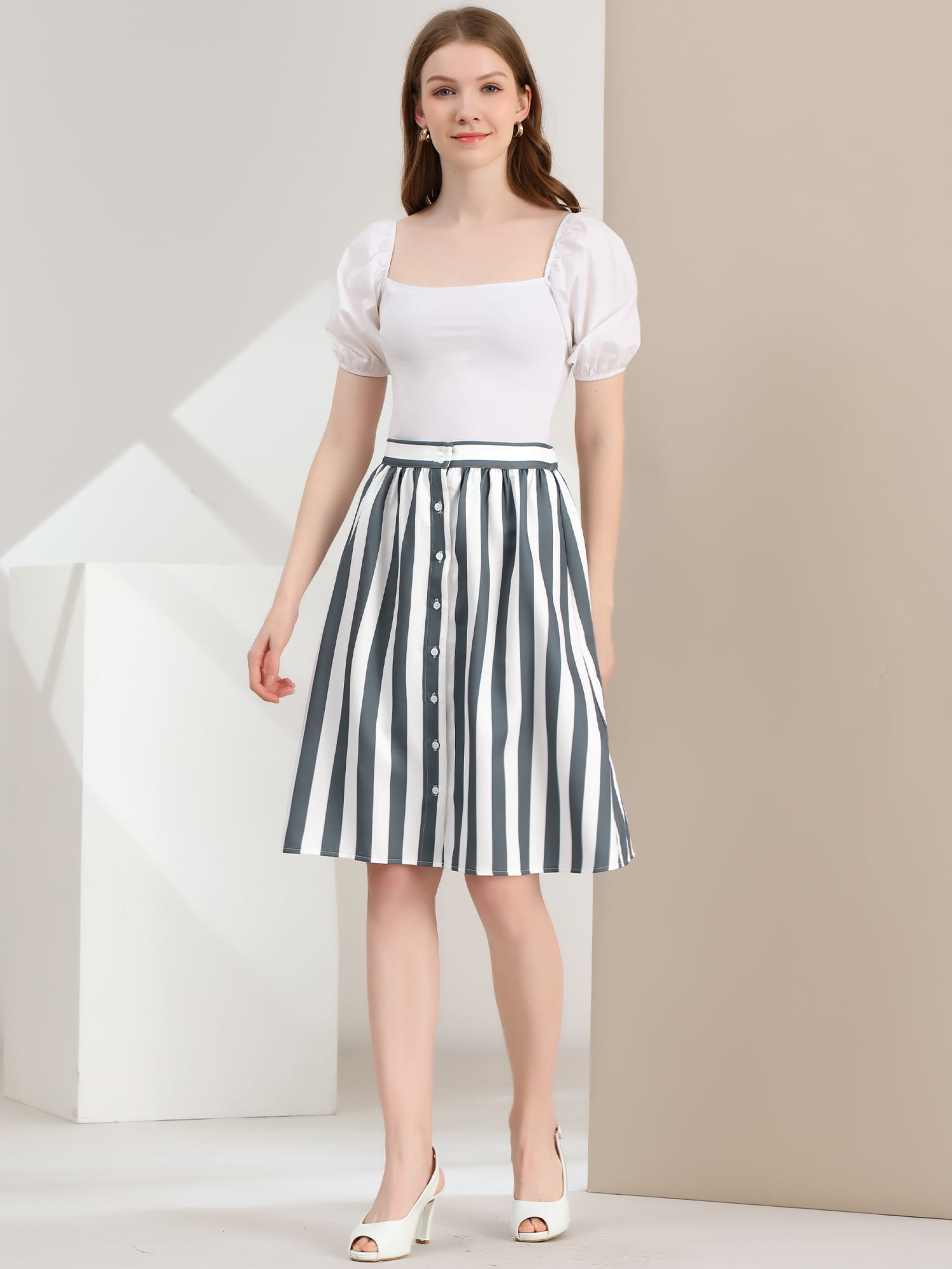 DARING DIVA Women's Striped Button Front Elastic Back Waist A-Line Skirt S Gray