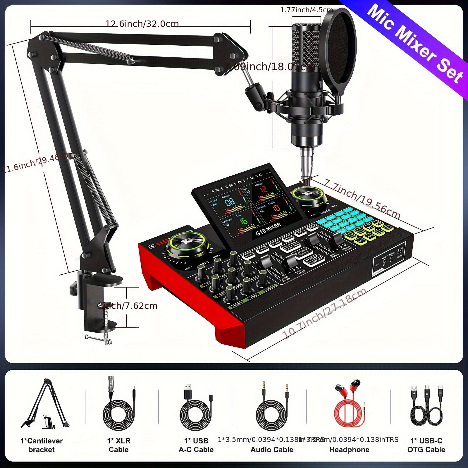 Tenlamp Podcast Kit Audio Interface Wired Microphone Mixer Pro Digital Voice Modulation 13 Channels Black 1 Pack