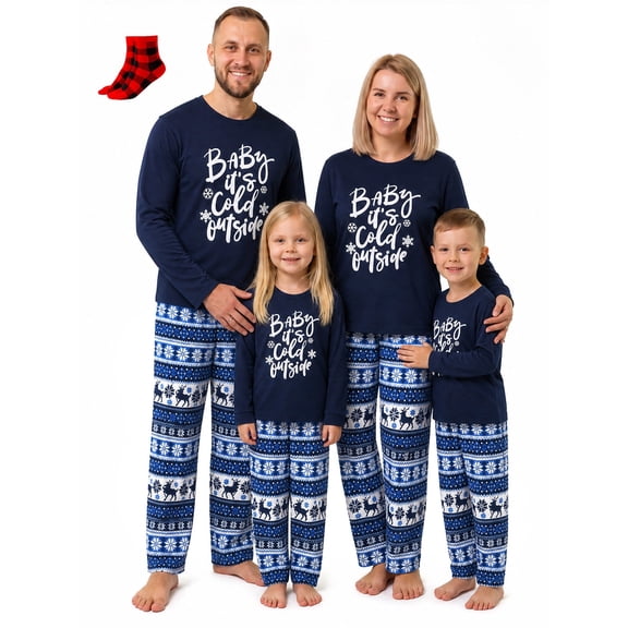 PatPat Womens Pajama Sets Family Christmas Pajamas 2 Piece Long Sleeve Mosaic Letter Top Reindeer Pants Set Christmas Pjs Jammies Casual Loungewear Set with Socks Women M