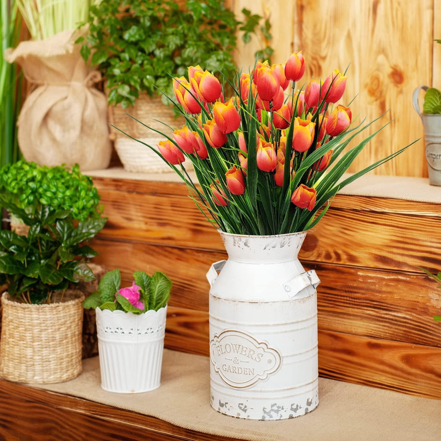 Morttic 8 Pcs Tulips Artificial Flowers for Outdoors, Fake Plants Faux Plastic Silk Floral Arrangement for Home Indoor Outside Table Vase Garden Spring Decor