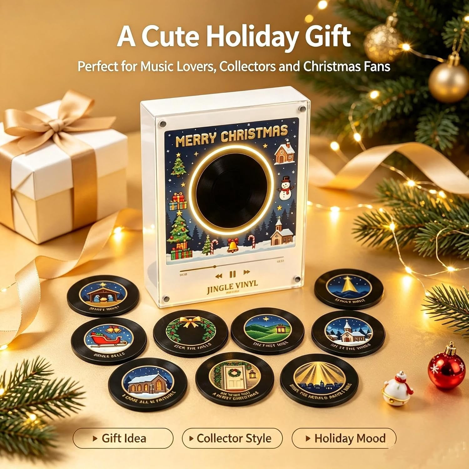 Magnetic Fridge Vinyl Music Box Christmas - Magnetic Fridge Music Player with 9 Vinyl Style Discs, Mini Christmas Vinyl Record Player for Christmas Decor and Gifting