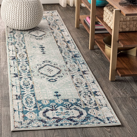 JONATHAN Y CALIFORNIA VINTAGE 2 x 8 Runner Rug, Osuna Diamond Vintage Medallion - Indigo Blue/Ivory, CAV103A-28
