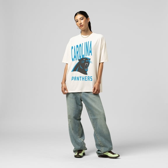 Women's Mitchell & Ness  Cream Carolina Panthers Logo Rise Boyfriend T-Shirt