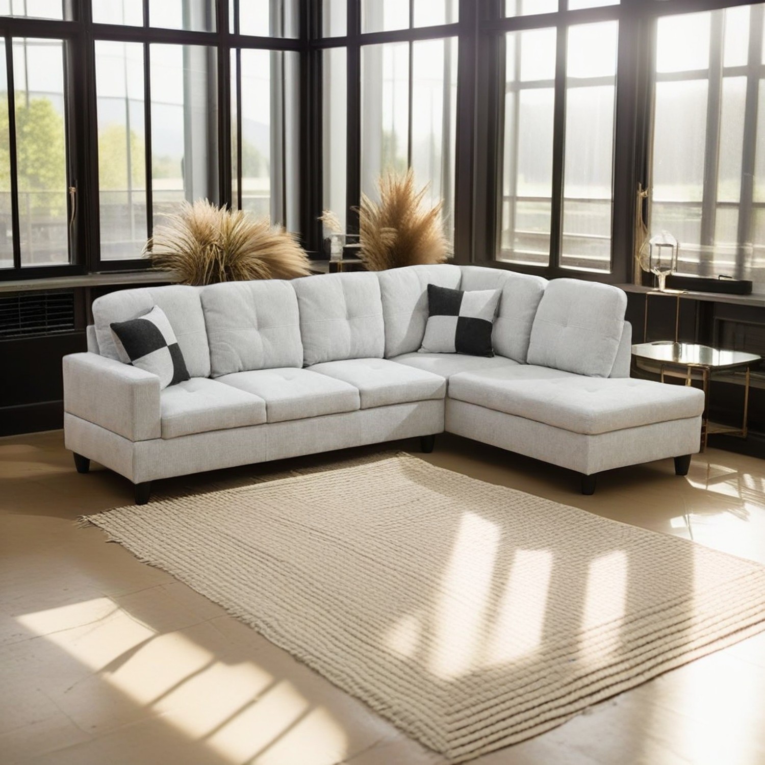 Hommoo Flannel Sectional Sofa, 4 Seat Living Room Furniture Sets, Modern L-Shaped Couches and Sofas Set for Home, Off-white(No Ottomans)