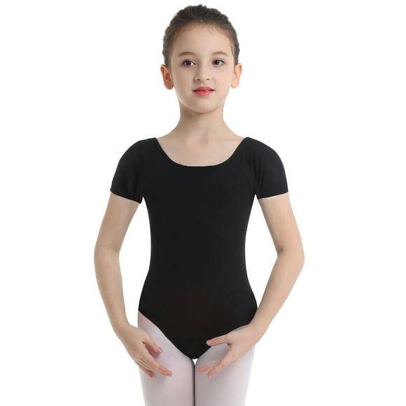 JanJean Girls' Ballet Leotard Short Sleeve Cotton Dance Bodysuit for Girls and Toddles,Team Basic Dancewear Black 12