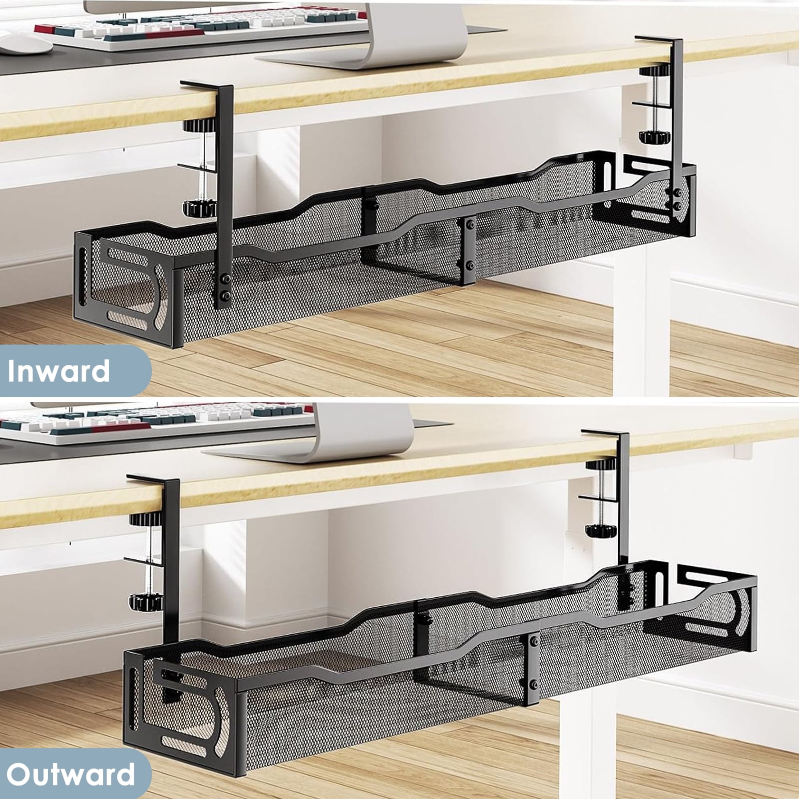 LOVJOYSE Cable Management, 25'' Cable Management Under Desk No Drill, Metal Cord Organizer with Clamp for Standing Desk, Cable Organizer for Home Office, Black