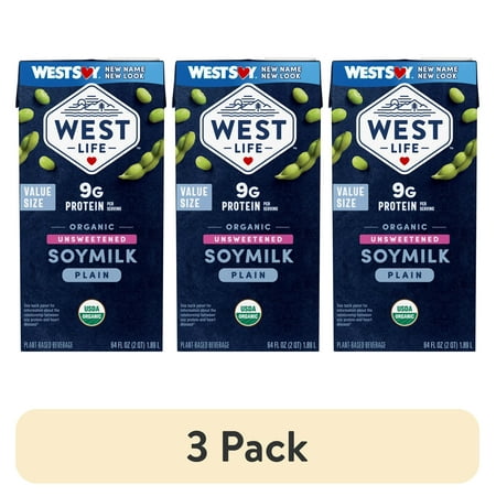 (3 pack) West Life Organic Original Unsweetened Soymilk Shelf-Stable 64 fl. oz. (Pack Count 1)