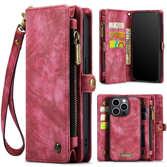 Case for iPhone 13 Pro TPU PC Handmade Leather Zipper Detachable Card Holder Strong Magnetic Wallet Cover Trifold with