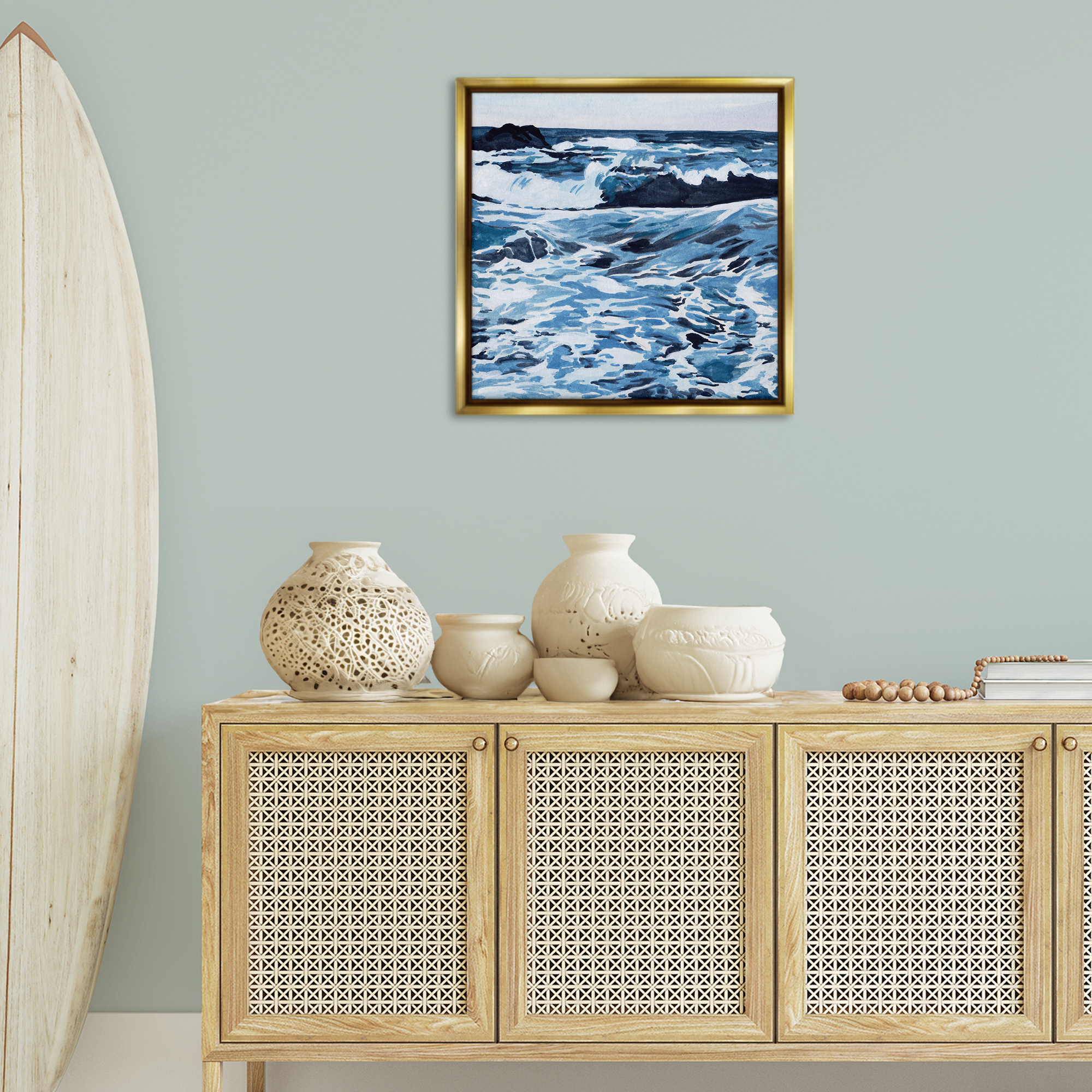 Stupell Industries Blue Coastal Waves Landscape Painting Gold Floater Framed Canvas Art Print Wall Art, 25 x 25
