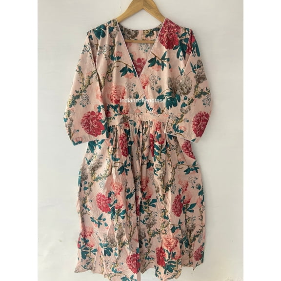 brighter floral printed cotton long maxi dress - vintage long sleeve maxi dress - v neckline with tassel bohemian maxi dress