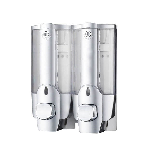 EeaseMX Dispensador de jabón líquido de plástico rellenable con dos cabezales, manual, de pared, tipo pulsador, para champú y jabón líquido, 1 unidad