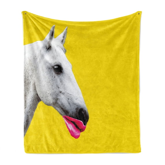 Modern Soft Flannel Fleece Blanket, Contemporary Art Illustration of a Horse with Pink Woman Lips Print, Cozy Plush for Indoor and Outdoor Use, 50" x 60", Yellow Hot Pink Pale Grey, by Ambesonne