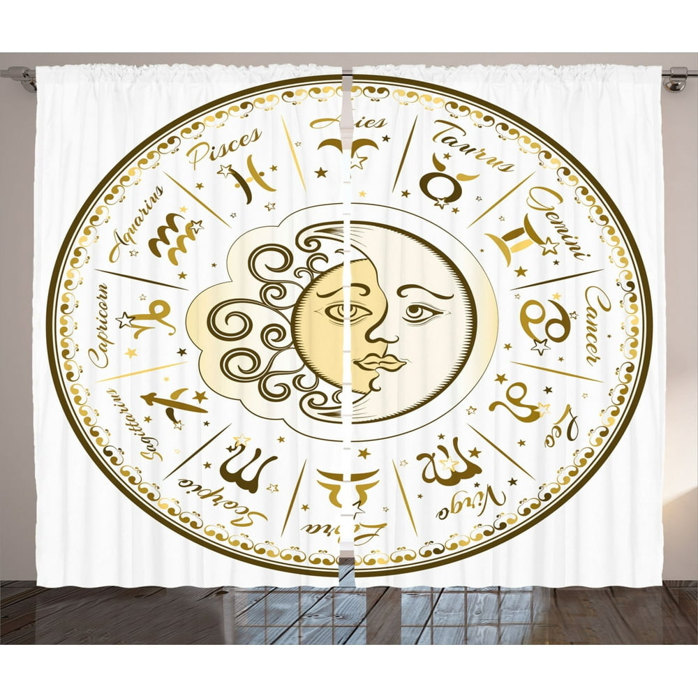 Zodiac Decor Curtains 2 Panels Set, Circular Zodiac Chart Apparent