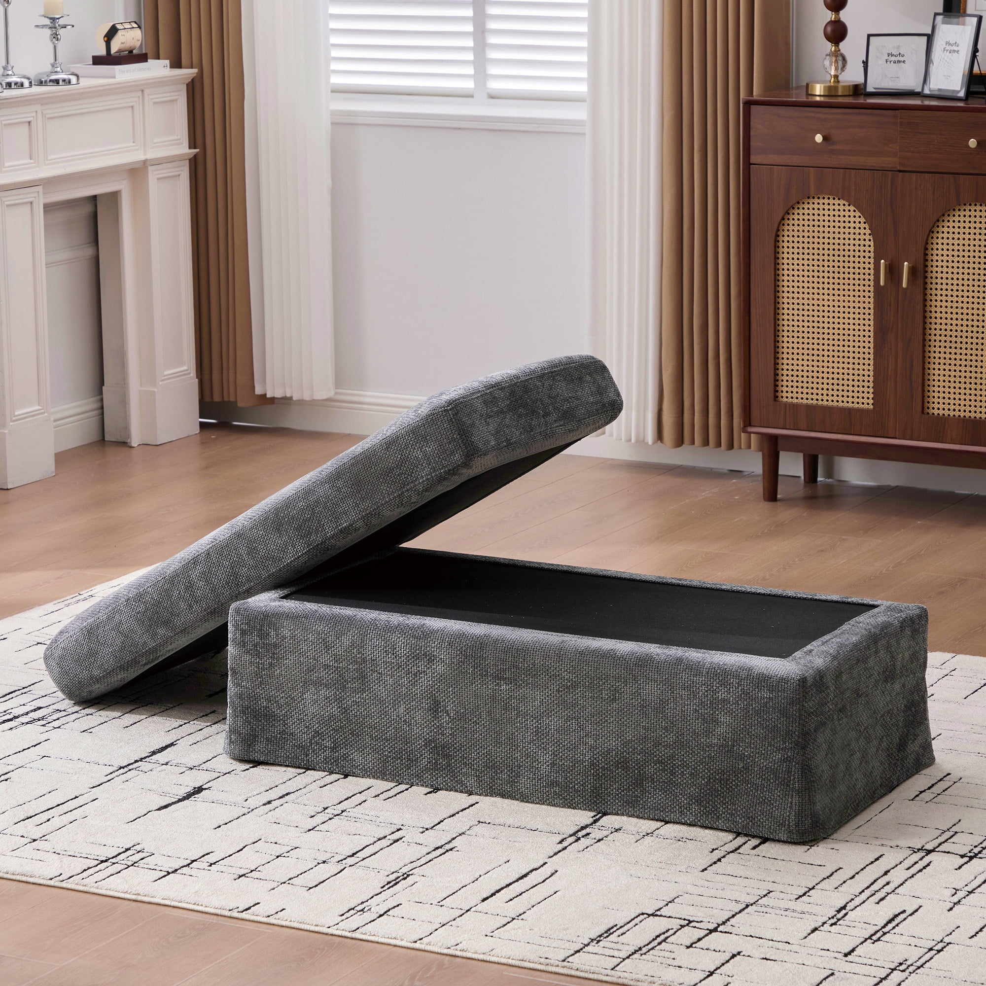 43.7" Wide Modern Upholstered Chenille Ottoman, Foot Stool Square Footrest with Black Metal Legs for Living Room Bedroom Entryway and Office, Charcoal