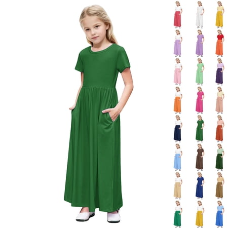 HVOBTTY Summer Toddler Girls Dresses Short Sleeve Solid Color Midi with Pocket Ruched Detail Long