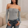 thumbnail image 6 of YanHoo Off The Shoulder T Shirts for Women Long Sleeve Ribbed Knit Pullover Going Out Crop Tops Basic Casual Slim Fit Y2k Tops Gray,M, 6 of 7