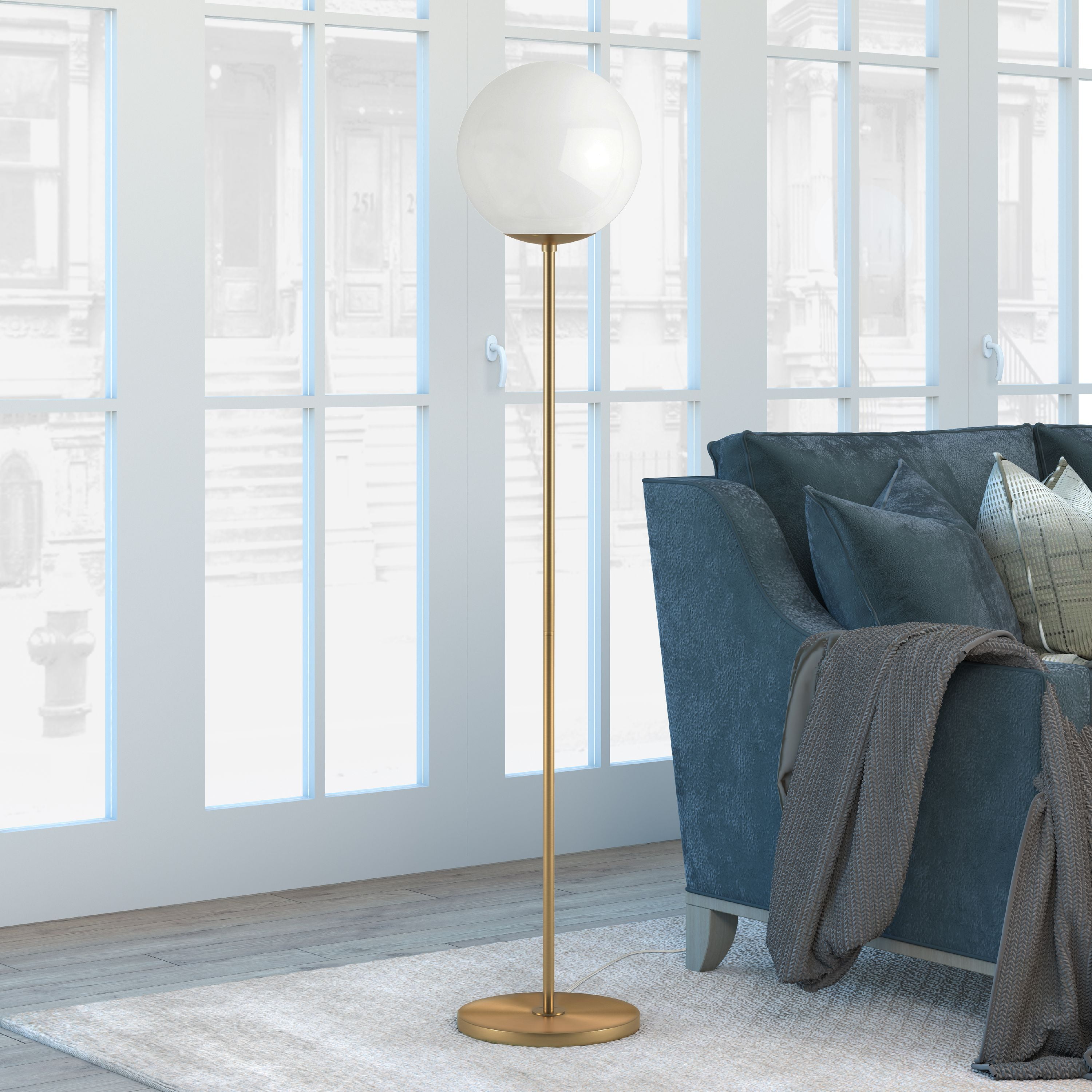 Theia Glam Globe Style Floor Lamp in White with Golden Brass Finish