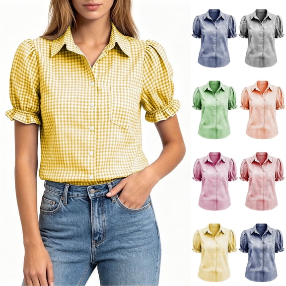 Xaqiouau Women's Gingham Check Puff Short Sleeve Button Down Shirts With Chest Pocket Casual Summer Polyester Spandex Blouses Yellow XXXL
