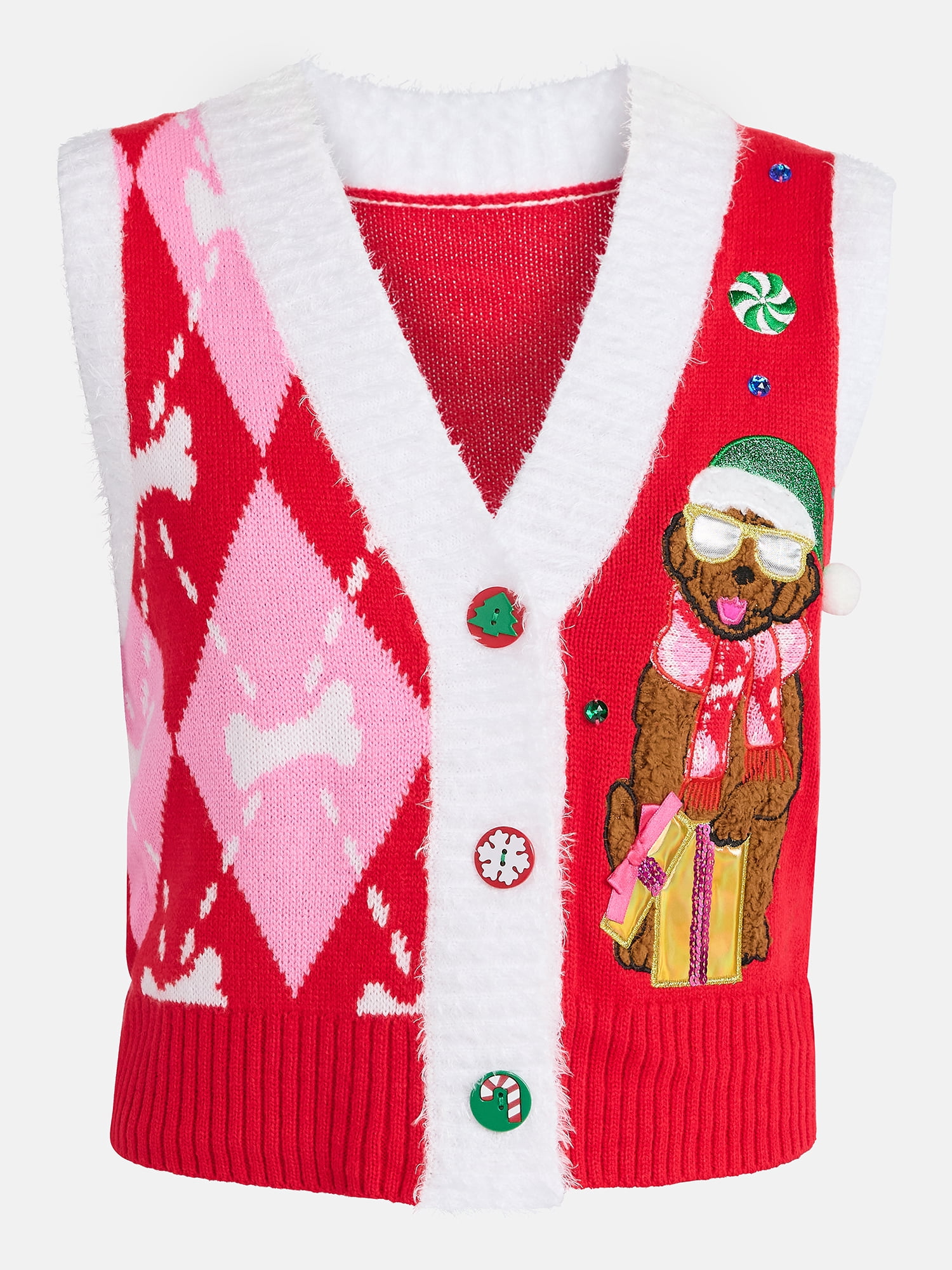 No Boundaries V-Neck Button Front Christmas Vest, Women’s